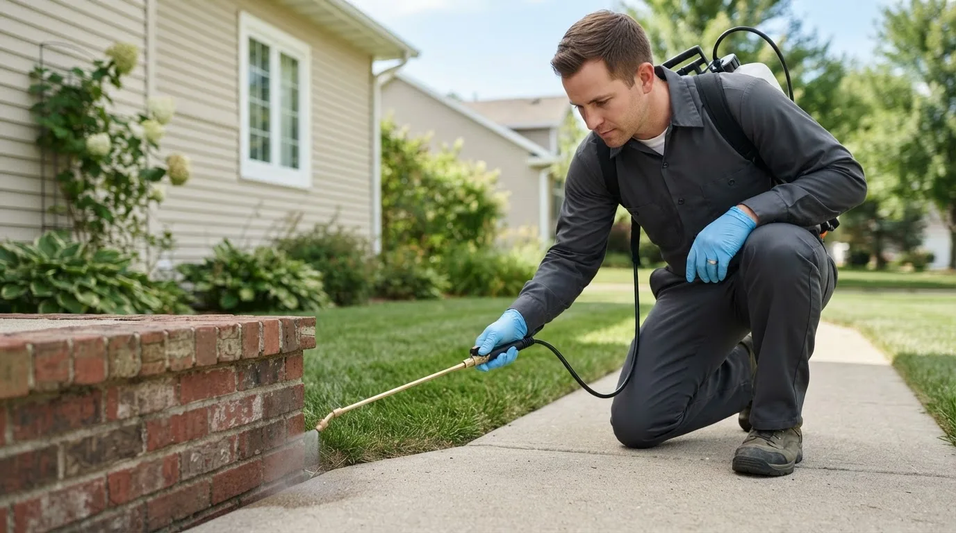Pest control technician treating a home near Lambsburg, VA
