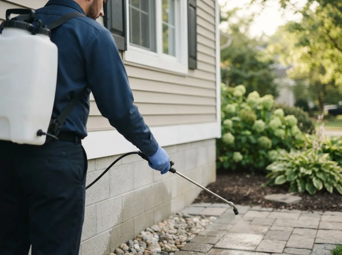 Pest control technician inspecting a home in Lambsburg, VA